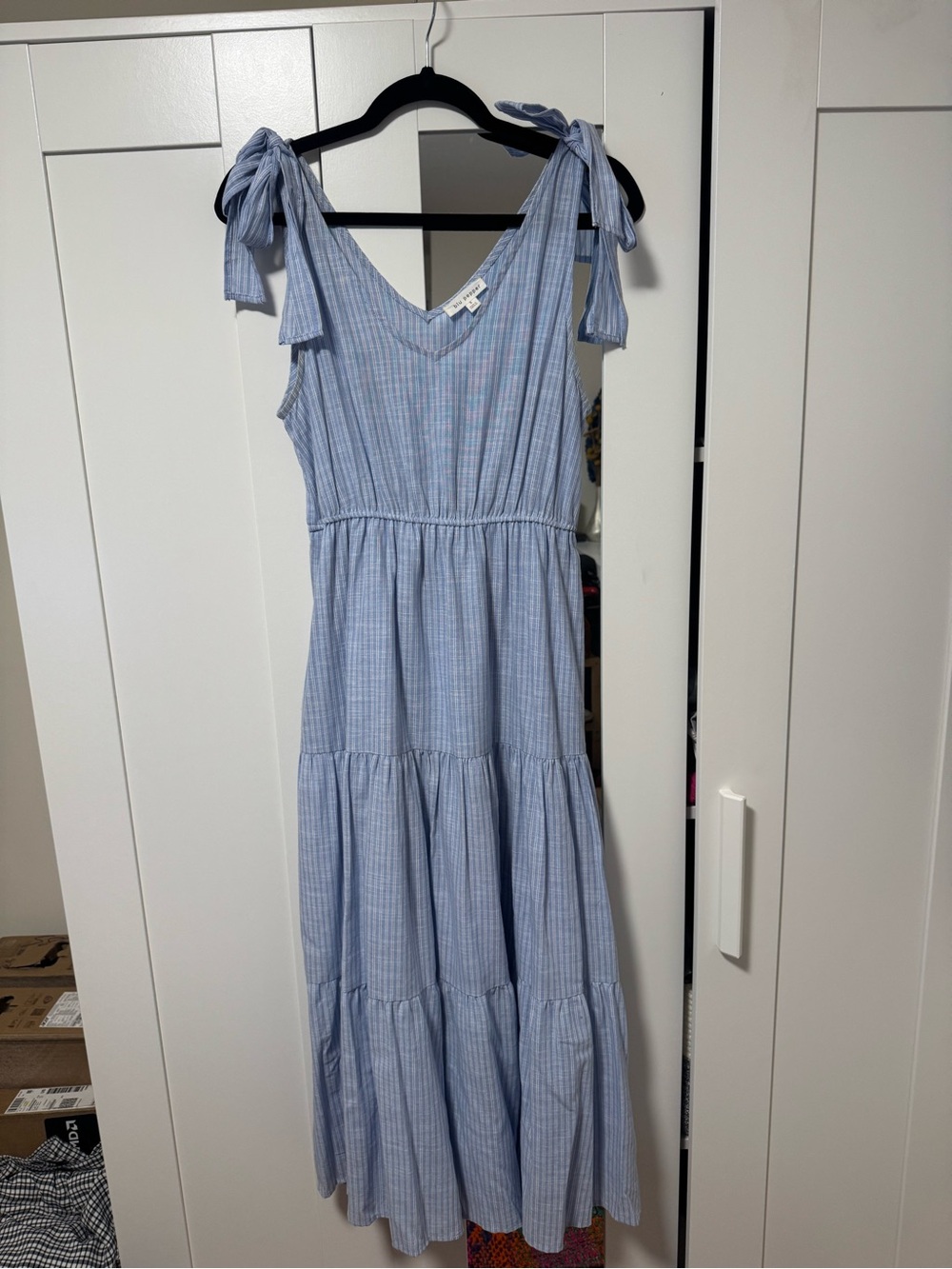 Blu Pepper Light Blue Striped Tie-Shoulder Maxi Dress